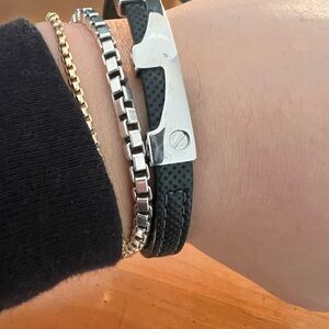 Men's Black Leather and Stainless Steel Bracelet